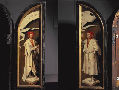 De Reiniging van Naaman Drieluik: zijpanelen met de martelaren Cosmas en Damian, beschermers tegen ziekte, 1520 door Cornelis Engebrechtsz